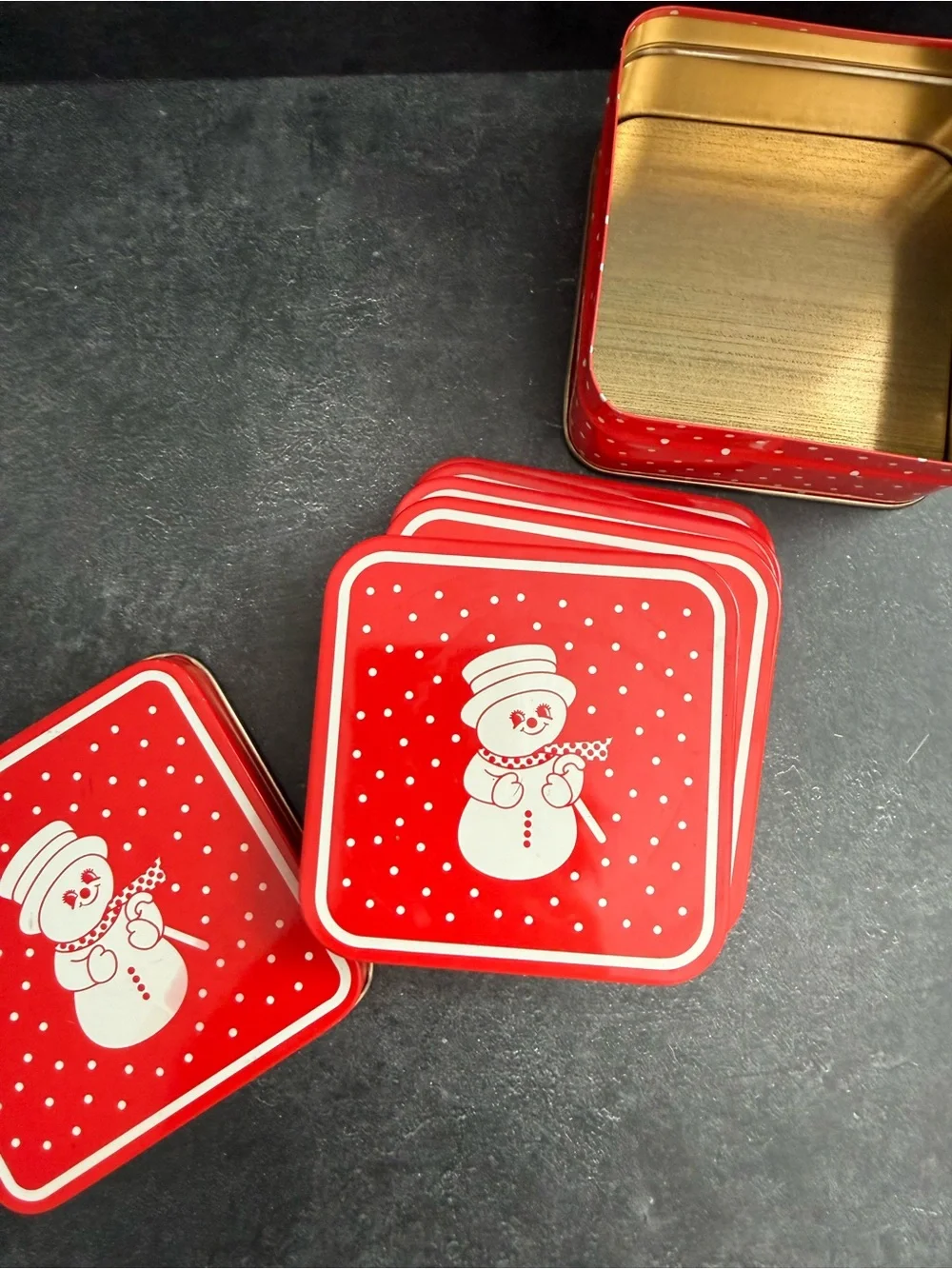 Red Snowman Holiday Coasters in Tim Box